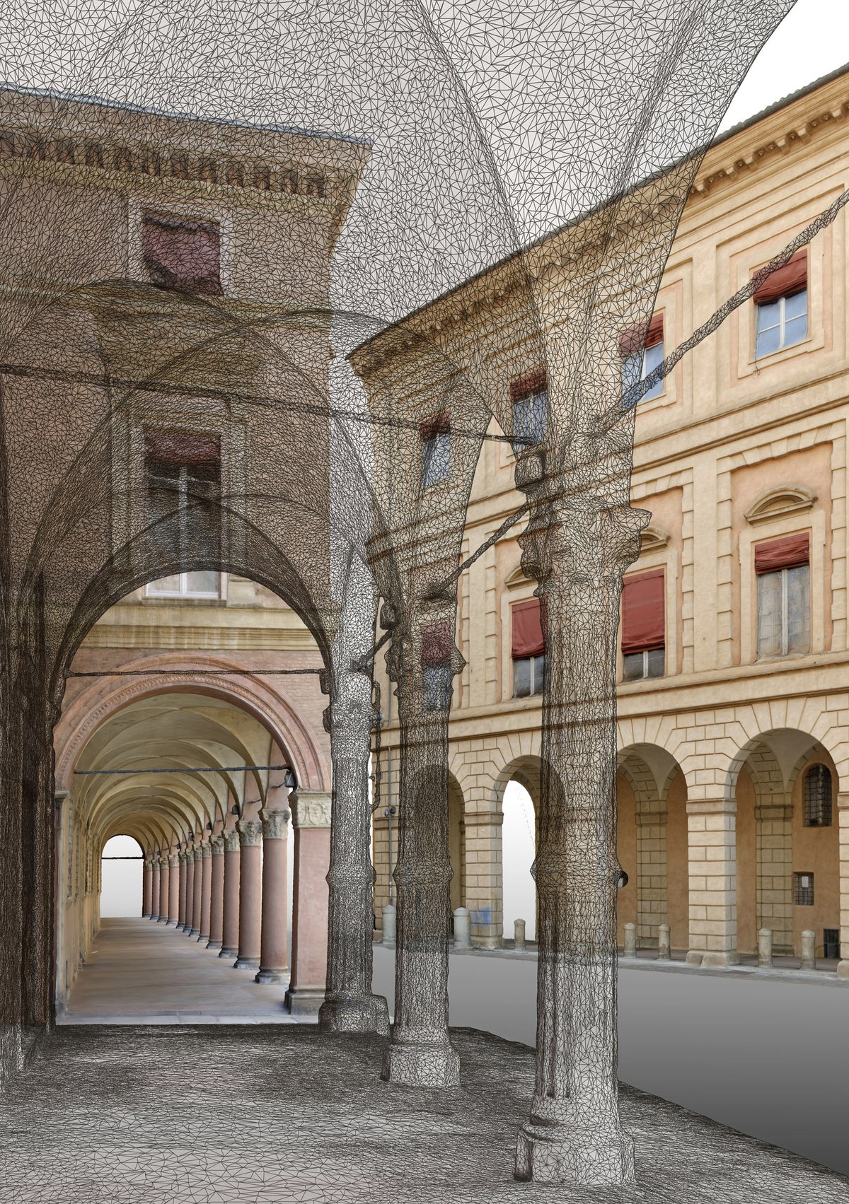 Vista di alcuni modelli 3D di portici in piazza Santo Stefano: vista dei modelli in wireframe e texturizzati